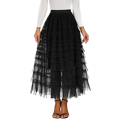 Tüllrock Damen Lang Tüll Rock Tütü Kostüm Karneval Schwarz Petticoat Tanzkleid 50er Vintage Ballet Tanzrock Ballkleid Tanzkleid tütü Rockabilly Halloween Karneval Faschingskostüme Schwarz von Generic