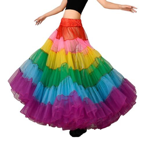 Tüllrock Damen Mehrfarbiger Regenbogen A Linie Maxi Tutu Rock Plissiert Bodenlang Petticoat Hoopless Bridal Mesh Crinoline Röcke Bunt Feder Stirnband Regenbogen Rock Damen Tüll 50er Tutu Unterrock von Generic