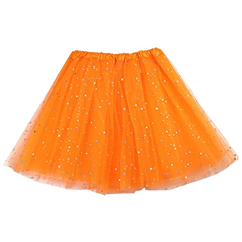 Tüllrock Damen Tutu 3 Lagig Tüll Rock 50er Tütü Dirndl Rockabilly Petticoat Unterrock Kurz Pailletten Glitzer Dance Dress Up Party Zubehör Tanzkleidung Ballettkleidung 80er Jahre (Orange, One Size) von Generic