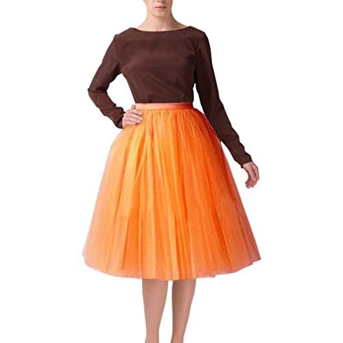 Tüllrock Damen Tutu Rock Midi Petticoat 50er Rockabilly Hoch Taillierter A Linien Rockabilly Petticoat Mesh-Chiffon-Faltenrock Karneval Kostüm Tanzrock Unterrock (66-110 cm,orange) von Generic