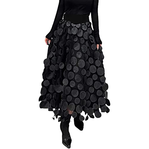Tüllrock Damen Vintage Solide A-Linien Halblanger Rock 3D Polka Dot Faltenrock Mesh Flowy Geburtstag Hochzeitsfeier Lang Rock Elastisch Hohe Taille Tutu Rock Lange Stufenröcke (Black, M) von Generic