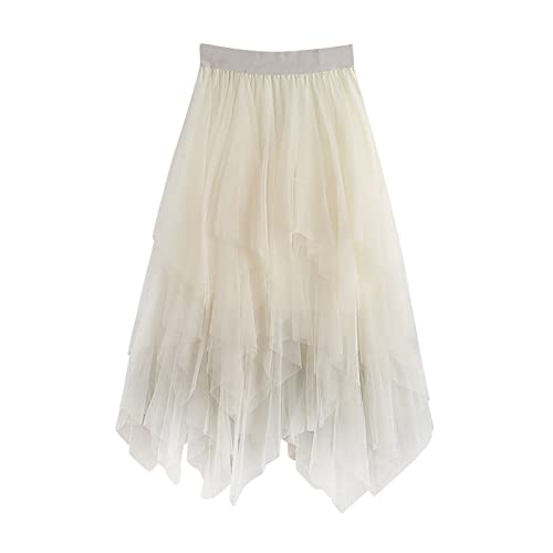 Tüllrock Lang Damen Plisseerock Weiche Tüll Petticoat A-Linie Midi Röcke Schwarz Festlich (Beige #1, One Size) von Generic
