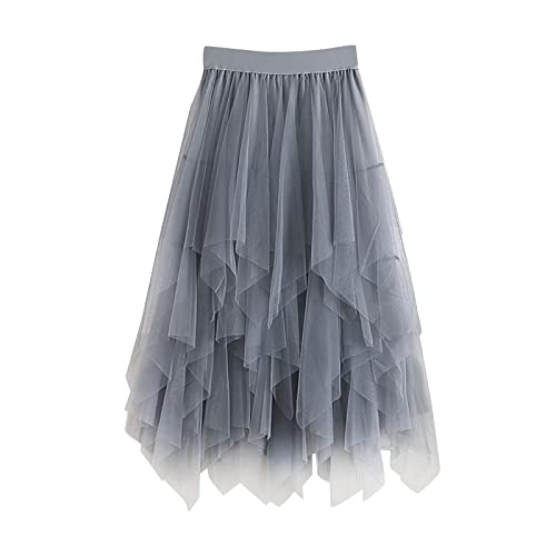 Tüllrock Lang Damen Plisseerock Weiche Tüll Petticoat A-Linie Midi Röcke Schwarz Festlich (Grey #1, One Size) von Generic
