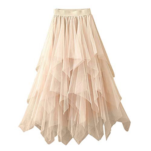 Tüllrock Lang Damen Tütü Petticoat Unterrock Minirock Damen Elastic Bund Tutu Prinzessin Tüll Unterrock Pettiskirt Tanzkleid Karneval Kostüm Carnival Damen Länge Kostüm (Beige, M) von Generic