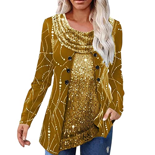 Tunika Damen Elegant Pailletten Oberteil Festliche Bluse 3/4 Arm Tunika Lässig Rundhals Glitzer Oberteile Langarmshirt von Generic