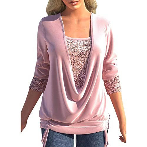 Tunika Damen Elegant Pailletten Oberteil Festliche Bluse 3/4 Arm Tunika Lässig Rundhals Glitzer Oberteile Langarmshirt von Generic