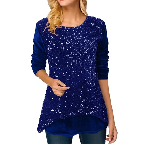 Tunika Damen Elegant Pailletten Oberteil Festliche Bluse Langarm Tunika Lässig Rundhals Glitzer Oberteile Langarmshirt Blusen Glitzer Shirt Party Oberteil Festliches Outfit von Generic