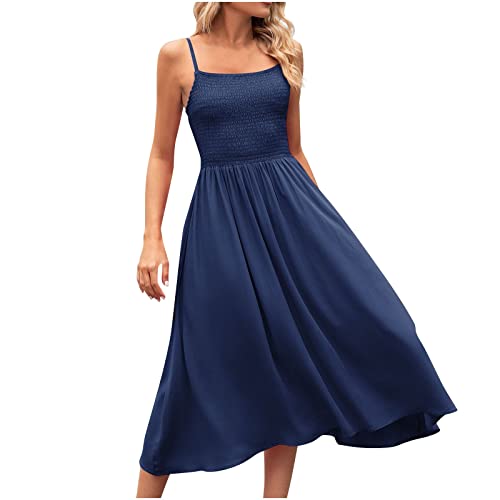 Tunika Damen Sommer Kleider elegant rückenfreies Kleid BH Einfarbig Ärmelloses Plissee Quadratischem Kragen Midikleid Bequemes Schulterfrei Rückenfrei Spaghettiträger Kleid von Generic