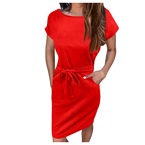 Tunika Damen Sommer Sommerkleid Damen Knielang Kleider schwarz Einfarbig Kurze Ärmel Rundhals Midikleid mit Tasche Bodycon Kleid mit Gürtel Boho Kleid weiß (Rot, M) von Generic