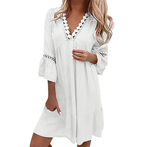 Tunika Kleid Damen Sommer Damen Tunika Kleid 3/4 Ärmel V Ausschnitt Fransen Blumendruck Boho-Damenkleid von Generic