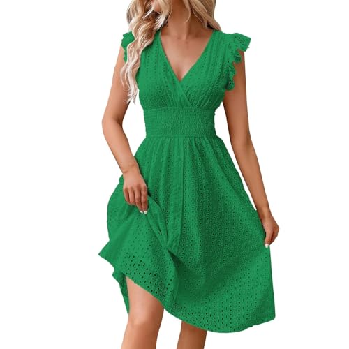 Tunika Kleid Damen Sommer Elegante Kleider blumenkleid Einfarbig Spitze Hohl V-Ausschnitt Rüschen Kurze Ärmel Mini tunikakleid(Grün, S) von Generic