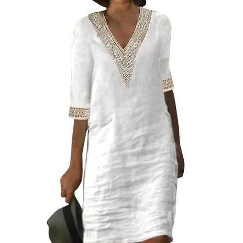Tunika Kleid Damen Sommer Strandkleid lang Baumwolle Leinen Einfarbig Spitze V-Ausschnitt Kurze Ärmel Bluse Taufkleid(Weiß, S) von Generic