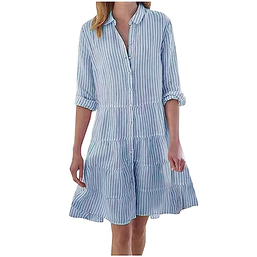 Tunika Kleid Sommer Knielang Langarm Gestreift mit Knopfleiste Hemdkleid Damen A Linie Einfarbig V Ausschnitt mit Kragen Casual Sommerkleid Damen Elegant Locker Strandkleid Damen Luftig von Generic