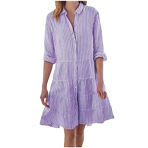 Tunika Kleid Sommer Knielang Langarm Gestreift mit Knopfleiste Hemdkleid Damen A Linie Einfarbig V Ausschnitt mit Kragen Casual Sommerkleid Damen Elegant Locker Strandkleid Damen Luftig von Generic
