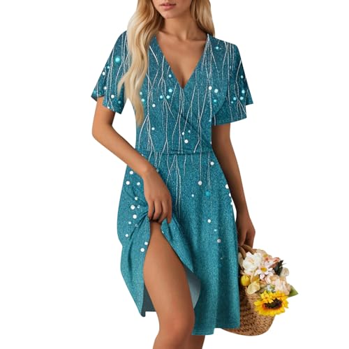 Tunika Sommerkleid Damen Knielang Kleid Sommer Blumenmuster Elegant Cocktailkleid Blumen Shirtkleid Casual Lässiges Strandkleid Tunikakleid Midi Summer Dress C Light Blue XL von Generic