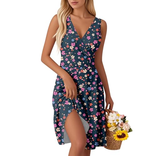 Tunika V-Ausschnitt Kleid Ärmellose Casual Kleider Sommerkleid Floral Party Kleid A-Linie Hohe Taille Strandkleider Leicht und Luftig Minikleid für Urlaub S-2XL A Navy M von Generic