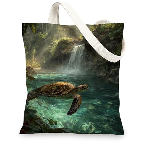 Turtle Canvas-Tragetasche, umweltfreundlich, wiederverwendbar, künstlerisch, tropisch, leicht, waschbar, Schultergurt, Grün , 13x15 Inch, Schildkröte von Generic