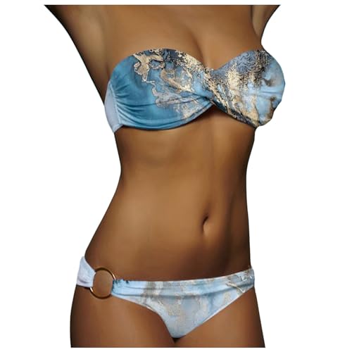 Twist Push Up Bandeau Bikini Set Blau Weiß Streifen Gestreift Damen Pushup Badeanzug Damen Bikini Set Wickeloptik Lace Up Bikini Bademode V Ausschnitt Zweiteiliger Badeanzug Swimsuit Trendige Lässige von Generic