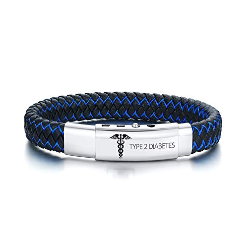 TYPE 2 DIABETES Armband Graviert Handgefertigte Geflochtene Armreif Verstellbare Leder Notfall Zepter ID Armbänder für Männer, 195-210MM von XUANPAI