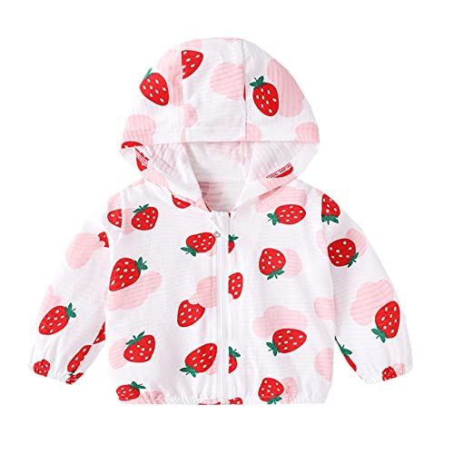 Übergangsjacke Baby Mädchen Softshelljacke Reißverschluss Kapuzenjacke mit Erdbeere Kirsche Hühnchen Drucken Kawaii Jacke Langarm Baumwoll Sonnenschutz Mäntel (Pink, 12-18 Months) von Generic