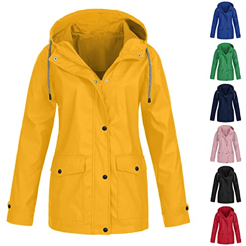 Übergangsjacke Damen, Wintermantel Damen Lang Windbreaker Regenparka Wasserdicht Regenjacke Damen Wasserdicht Atmungsaktiv Mantel Lang Sweatjacke Ubergangs Jacke Wanderjacke Damen (Gelb,XXL) von Generic