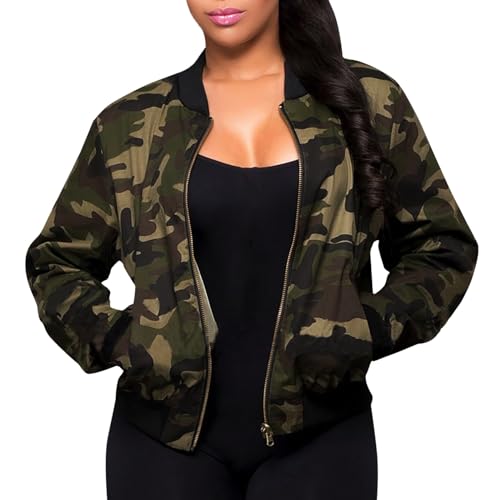 Übergangsjacke Damen Bomberjacke mit Reißverschluss Camo Jacke Pilotenjacke Langarm Tarnjacke Fahrradjacke Retro Outdoorjacke Outwear Freizeitjacken von Generic