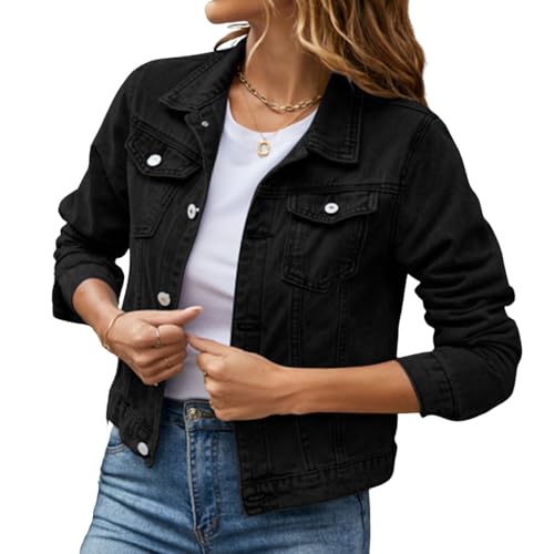 Übergangsjacke Damen Jacke Mode für Damen Jeansjacke Kurz Langarm Button Up Sweatshirt Jacken mit Taschen Denim Jean Jacket M A Black Übergangsjacke Damen Jacke Mode für Damen Jeansjacke Kurz Langarm Button Up Sweatshirt Jacken mit Taschen Denim Jean Jacket M A Black von Generic