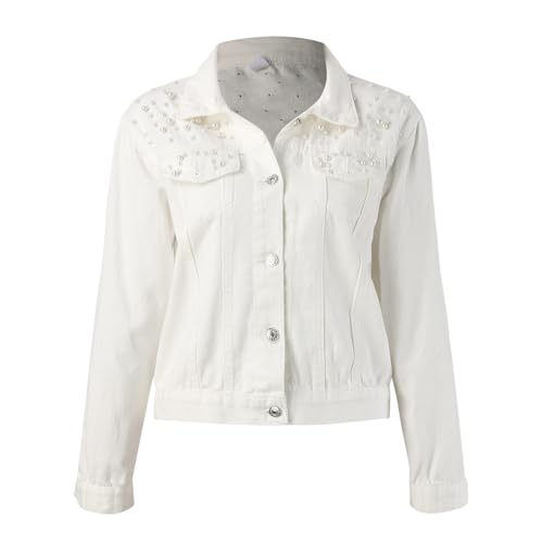 Übergangsjacke Damen Jeansjacke mit Perlen Einfarbig Jacke Langarm Overshirt Denim Jeansmantel Vintage Jeansjacken Y2K Streetwear Damen-Jacke Freizeitjacken von Generic