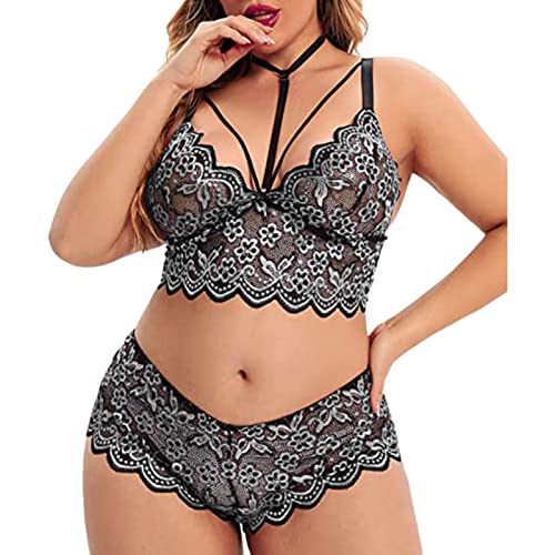 Übergröße 2-teiliges Dessous für Frauen Träger-BH und Panty Unterwäsche Sets Spitze Strumpfband Gürtel Höschen & Durchsichtige Strümpfe Dessous Set (03A-Grau, XXXXL) von Generic