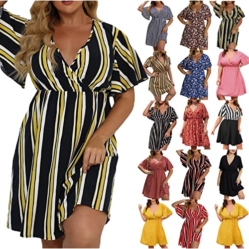 Übergröße Kleid für Frauen Sommer Boho Floral Casual Midi Kleid mit Tasche Kurzarm V-Ausschnitt Glocke Ärmel Wrap Sonne Kleid Belted A Line Midi Dress Tie Waist Striped Print Swing von Generic