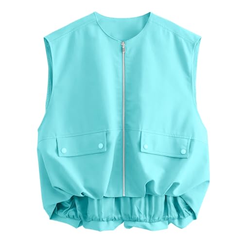 Übergroße Cargo-Weste für Damen, Lässig, ärmellos, Lockere Passform, Durchgehender Reißverschluss, gerüschter Saum, Blazer, Weste, Tops mit Taschen von Generic