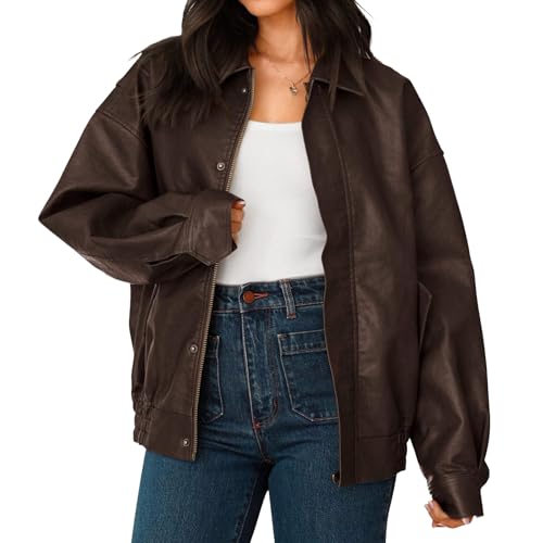 Übergroße Lederjacke Damen Kunstleder Motorradjacke Trendy Herbst Frühling Kleidung Übergroßer Reißverschluss Wintermantel von Generic