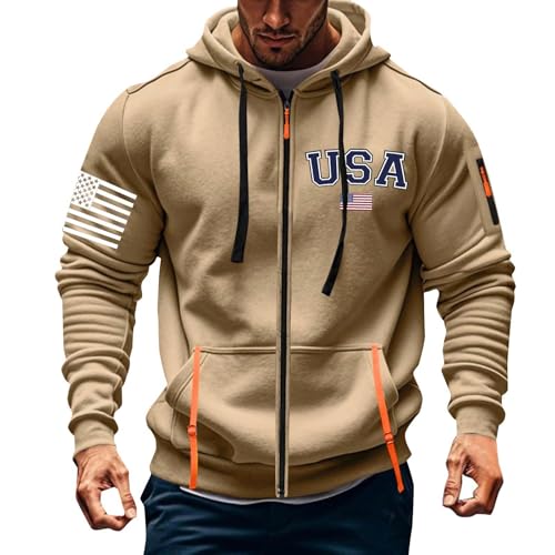 USA Flagge Hoodie Herren Oversized Kapuzenpullover Herren Große Größen Sweatshirt Herren Schwarz Herren Pullover Langarm Winterjacke Tasche (A06-Khaki, L) von Generic