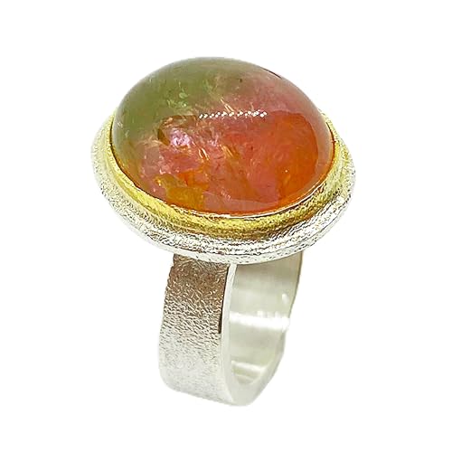 Uau! Wunderschöner Ring aus Sterlingsilber und 18-karätigem Gold mit wunderschönem zweifarbigem Turmalin (Grün/Pfirsich) von höchster Qualität., Stein, Wassermelonenturmalin von Generic