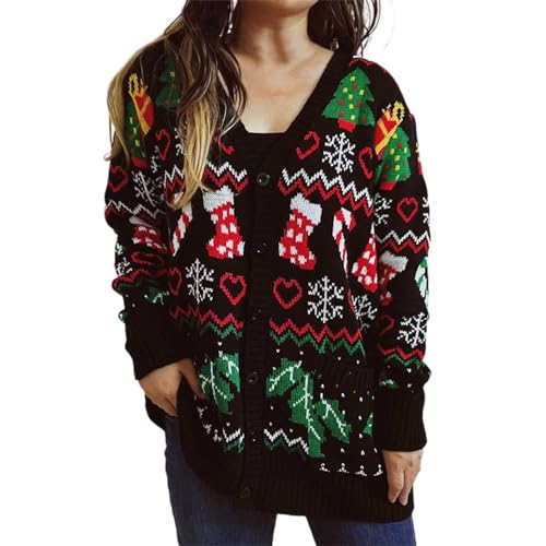 Ugly Christmas Sweater for Women Cardigan Open Front Xmas Sweater Coats Fall Winter Button Down V Neck Knit Outwear von Generic
