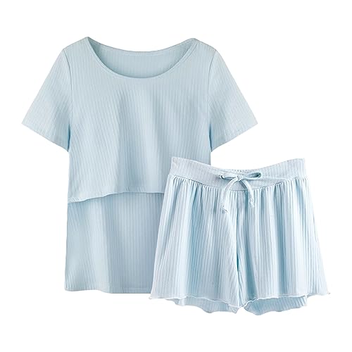 Umstands Pyjama Sommer Pyjamas Ärmel Nachtwäsche Stillen Frauen Hemd und Set T Baby Mutterschaft Tops Kurze Hosen Mutterschaft Schlaf & (Blue, L) von Generic