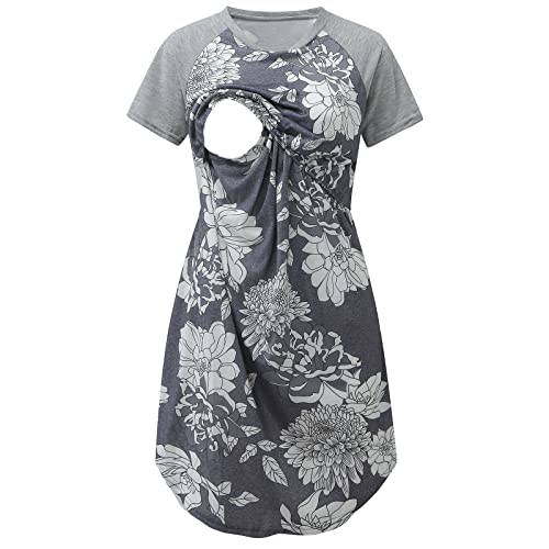 Umstands Stillkleid Schwangerschaftskleid Kurzarm T-Shirt Kleid Kurzarm V-Ausschnitt Midikleid Sommer Figurbetontes Tankkleid Stillkleid Lässiges Blumen Stillkleid Umstandskleid mit Taschen von Generic