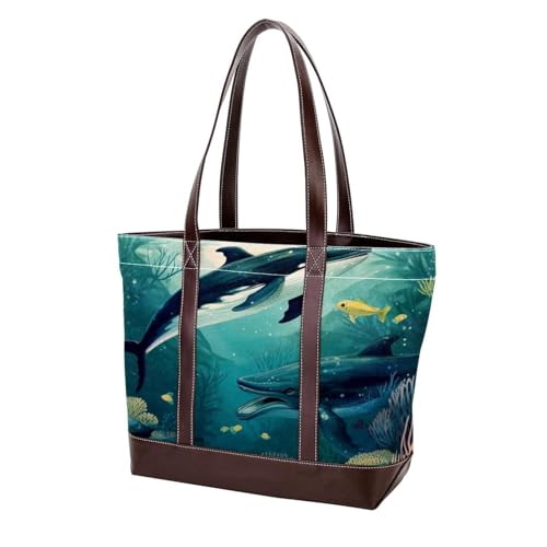Underwater Whale-2102 Modische Damen-Umhängetasche, aus gewaschenem, strapazierfähigem Leder, mit Tragegriff oben, mit Taschen, Reißverschluss, Mehrfarbig 05, 33.8x12x31cm/13.3x4.7x12.2 in von Generic