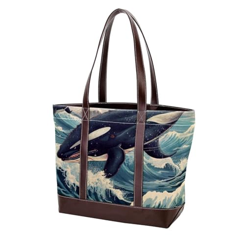 Underwater Whale-2135 modische Damen-Umhängetasche, aus gewaschenem, strapazierfähigem Leder, mit Tragegriff oben, mit Taschen, Reißverschluss, Mehrfarbig 07, 33.8x12x31cm/13.3x4.7x12.2 in von Generic
