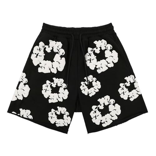 Unisex DT Shorts Set Sommer Outfit Trainingsanzug Jogginganzug Y2K Hip Hop Kurzarm Hose Herren Damen Tracksuit Sportanzug Jogginganzug Männer mit Blumen (01 Schwarz, M) von Generic