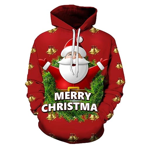 Unisex Hässliche Weihnachtspullover Langarmshirt, Christmas Hoodie Couple Coole mit 3D Süßer Weihnachtsmann Weihnachtsmotiv -Kapuzenpullover Damen Große Größen Hoody Sweatshirt Pullover Mit Tasche von Generic