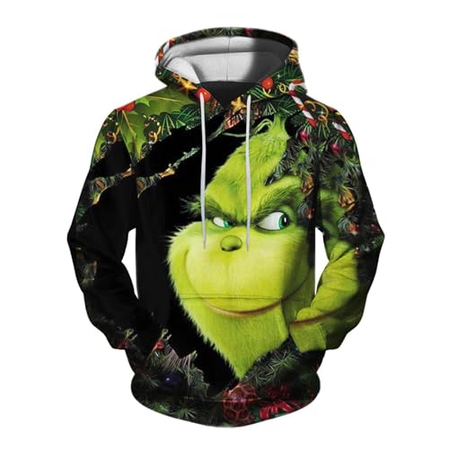 Unisex Hoodie Grinch Kostüm Herren Kreativer 3D Druck Weihnachtspullover Langarm Sweatshirt mit Taschen Jungen MäDchen Grinch Kleidung Herbst Winter Warm Oberteile Festliche Party Weihnachts Mantel von Generic