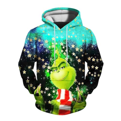 Unisex Hoodie Grinch Kostüm Herren Kreativer 3D Druck Weihnachtspullover Langarm Sweatshirt mit Taschen Jungen MäDchen Grinch Kleidung Herbst Winter Warm Oberteile Festliche Party Weihnachts Mantel von Generic