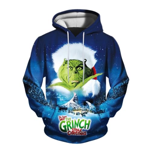 Unisex Hoodie Grinch Kostüm Herren Kreativer 3D Druck Weihnachtspullover Langarm Sweatshirt mit Taschen Jungen MäDchen Grinch Kleidung Herbst Winter Warm Oberteile Festliche Party Weihnachts Mantel von Generic