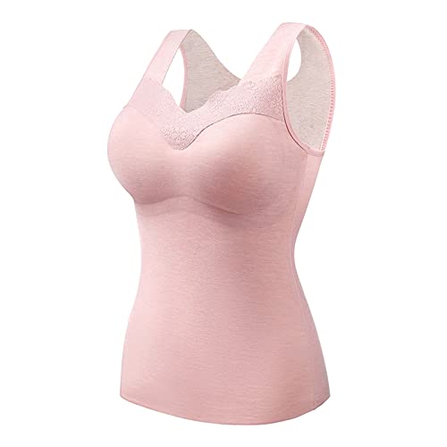 Unterhemd mit BH Damen Winter BH Hemd Ohne Bügel mit Cups V-Ausschnitt Thermo Fleece Unterhemden Ärmellos Gefütterte Tank Top Eingebauter BH Wärme und Warme Weste Halten (Rosa, L) von Generic