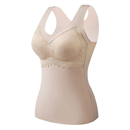 Unterhemd mit BH Damen Winter Spitze BH Hemd Ohne Bügel mit Cups V-Ausschnitt Thermo Fleece Unterhemden Ärmellos Gefütterte Tank Top Eingebauter BH (Beige, L) von Generic