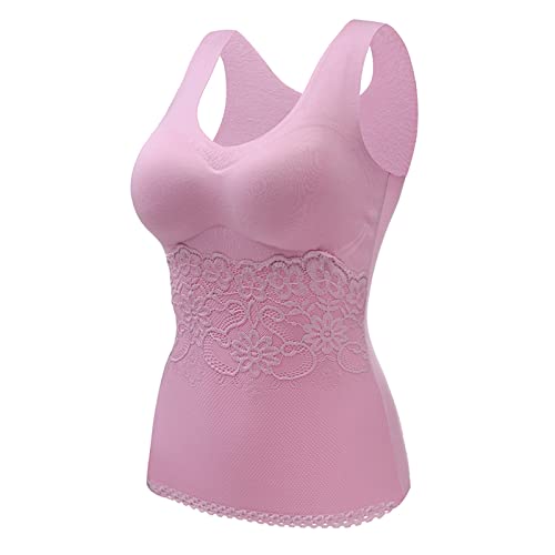 Unterhemd mit BH Damen Winter Spitze BH Hemd Ohne Bügel mit Cups V-Ausschnitt Thermo Fleece Unterhemden Ärmellos Gefütterte Tank Top Eingebauter BH Damen von Generic