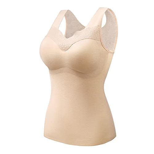 Unterhemd mit BH Damen Winter Spitze BH Hemd Ohne Bügel mit Cups V-Ausschnitt Thermo Fleece Unterhemden Ärmellos Gefütterte Tank Top Eingebauter BH von Generic