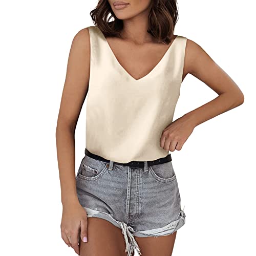 Unterhemden Spaghettiträger Damen Satin Tank Top Strap Spaghetti Tops Basic Lange Tanks Verstellbarer Spaghetti Camisole Sommer Weste Shirt Lässiges V-Ausschnitt Ärmellose Blusen (2-Beige, M) von Generic