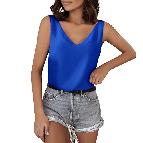 Unterhemden Spaghettiträger Damen Satin Tank Top Strap Spaghetti Tops Basic Lange Tanks Verstellbarer Spaghetti Camisole Sommer Weste Shirt Lässiges V-Ausschnitt Ärmellose Blusen (2-Blue, M) von Generic